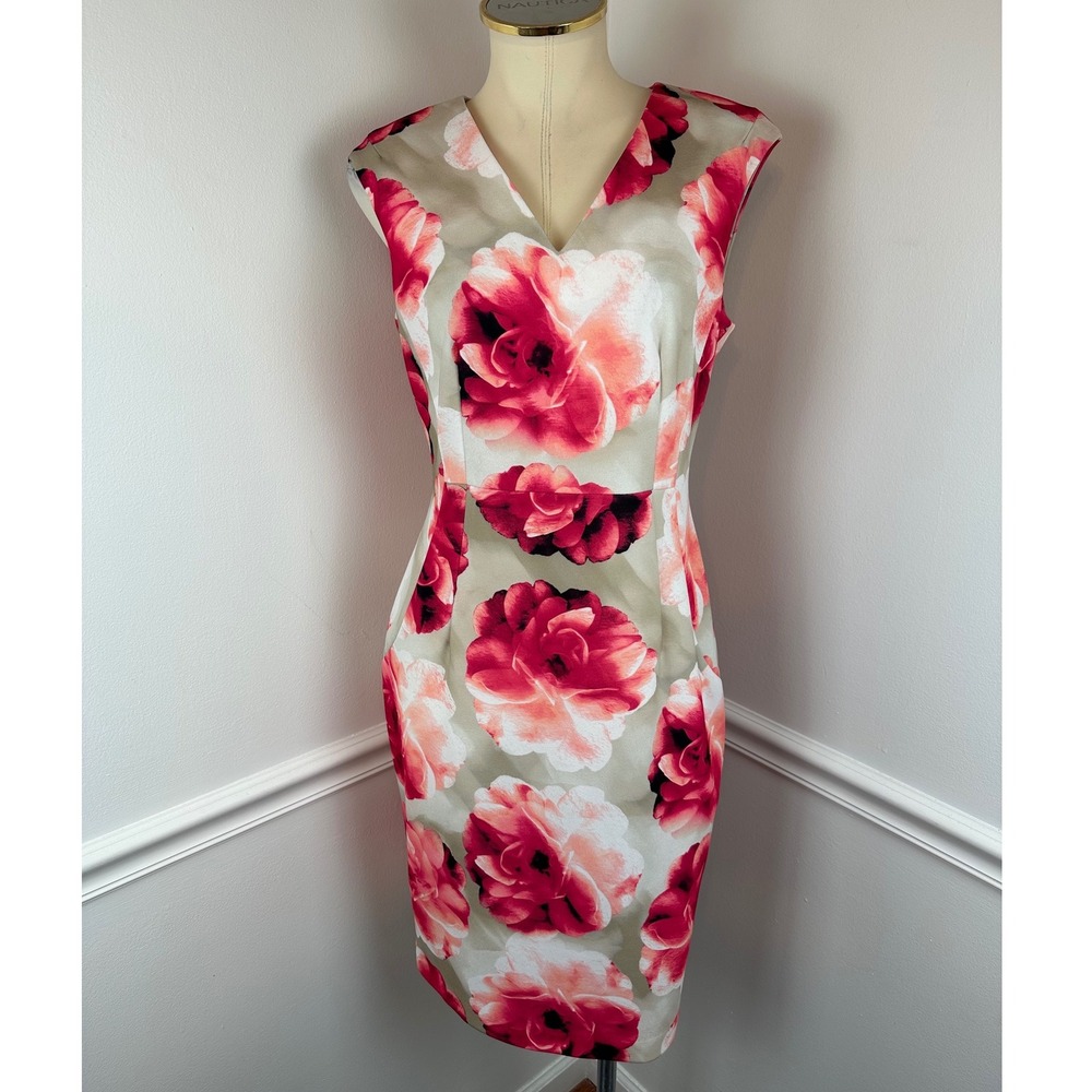 CALVIN KLEIN Sleeveless Pink White & Beige Floral V-Neck Sheath Dress | 8